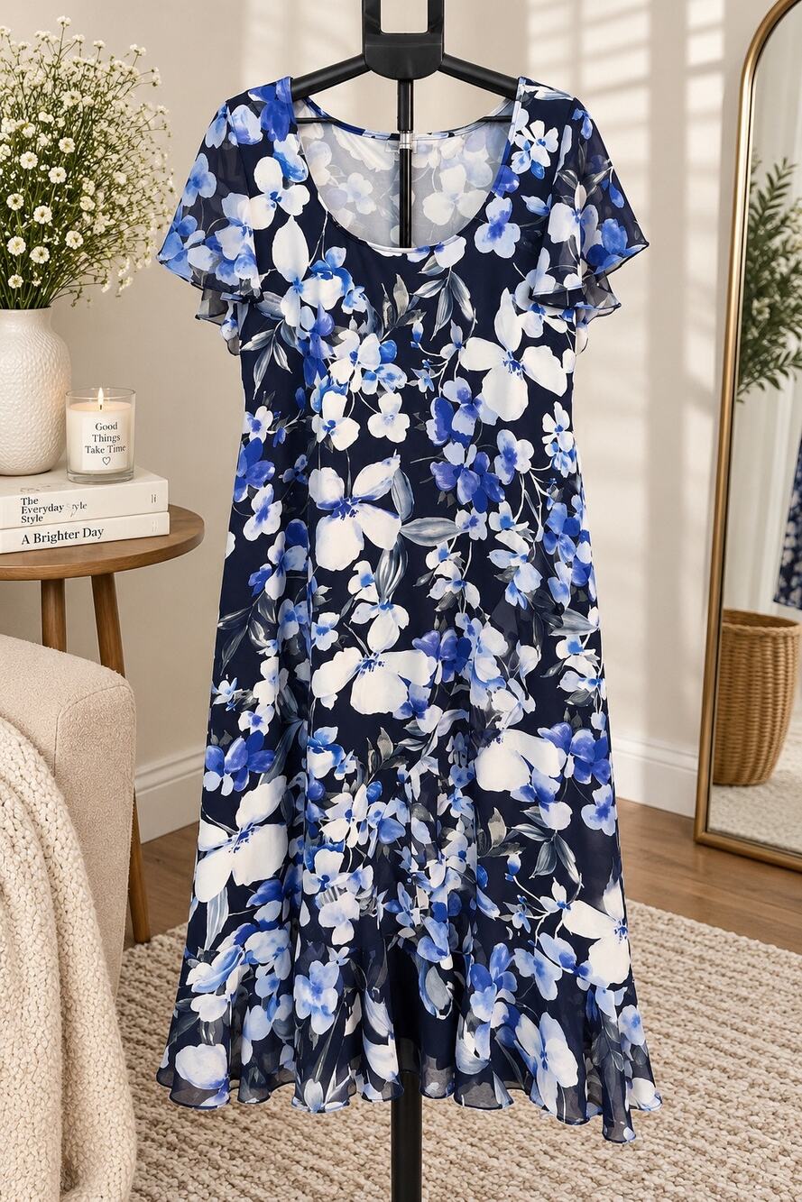 Avenue Women’s 22/24 Navy Blue Floral Maxi Dress Ruffle Sleeve Plus Size